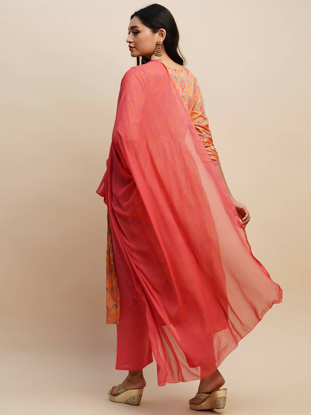 Orange Pure Cotton Bandhani Printed Naira Cut Kurta And Bottom With Dupatta - Akashara | Grocsy