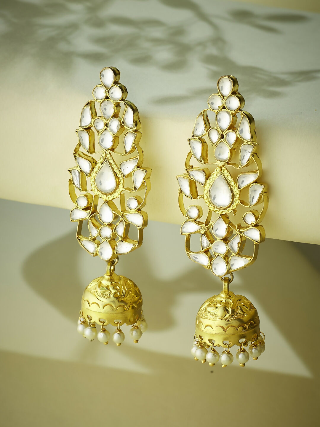 Nuyug 22K Gold-Plated Regal Kundan Stone Studded & Pearl Drop Jhumkas | Grocsy