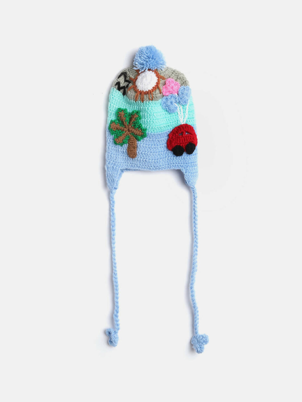Chutput Kids Woollen Hand Knitted Trip Scenery Bobble Detailed Cap - Blue | Grocsy