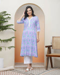 Vaasva Women Lavender Floral Cotton Printed Flare Kurti With Pant | Grocsy
