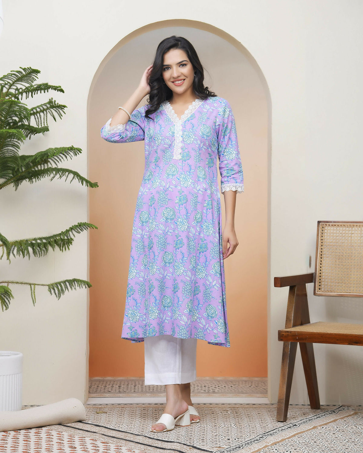 Vaasva Women Lavender Floral Cotton Printed Flare Kurti With Pant | Grocsy