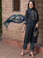 Sangria Blue Ethnic Motifs Embroidered Gotta Patti Pure Cotton Kurta Set With Dupatta | Grocsy