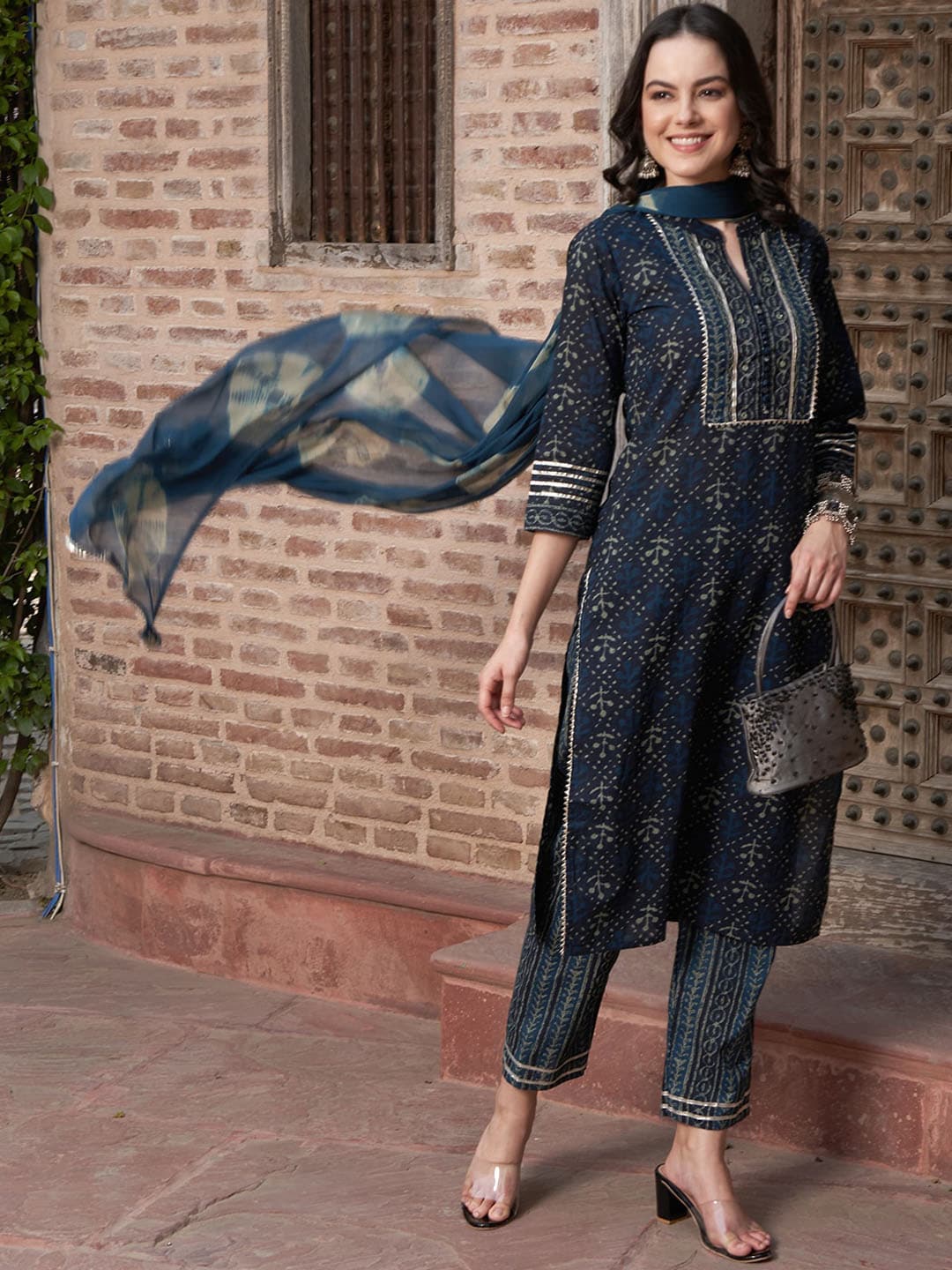 Sangria Blue Ethnic Motifs Embroidered Gotta Patti Pure Cotton Kurta Set With Dupatta | Grocsy