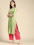 Sangria Women Green & Pink Floral Embroidered Thread Work Pastels Kurta | Grocsy