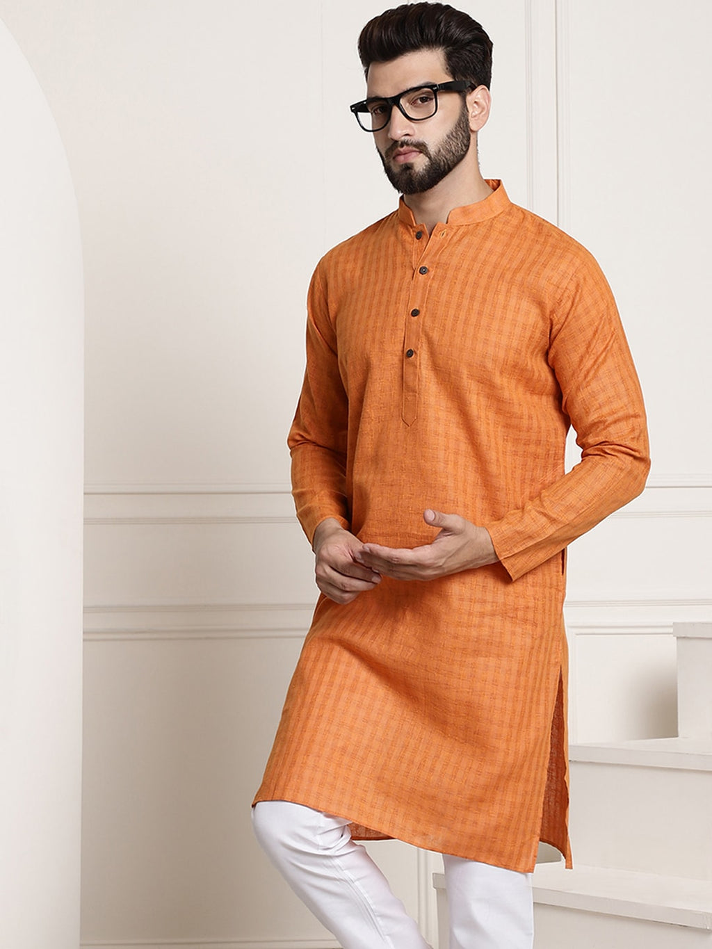 Sojanya Men Orange Dobby Self-Checked Straight Kurta | Grocsy