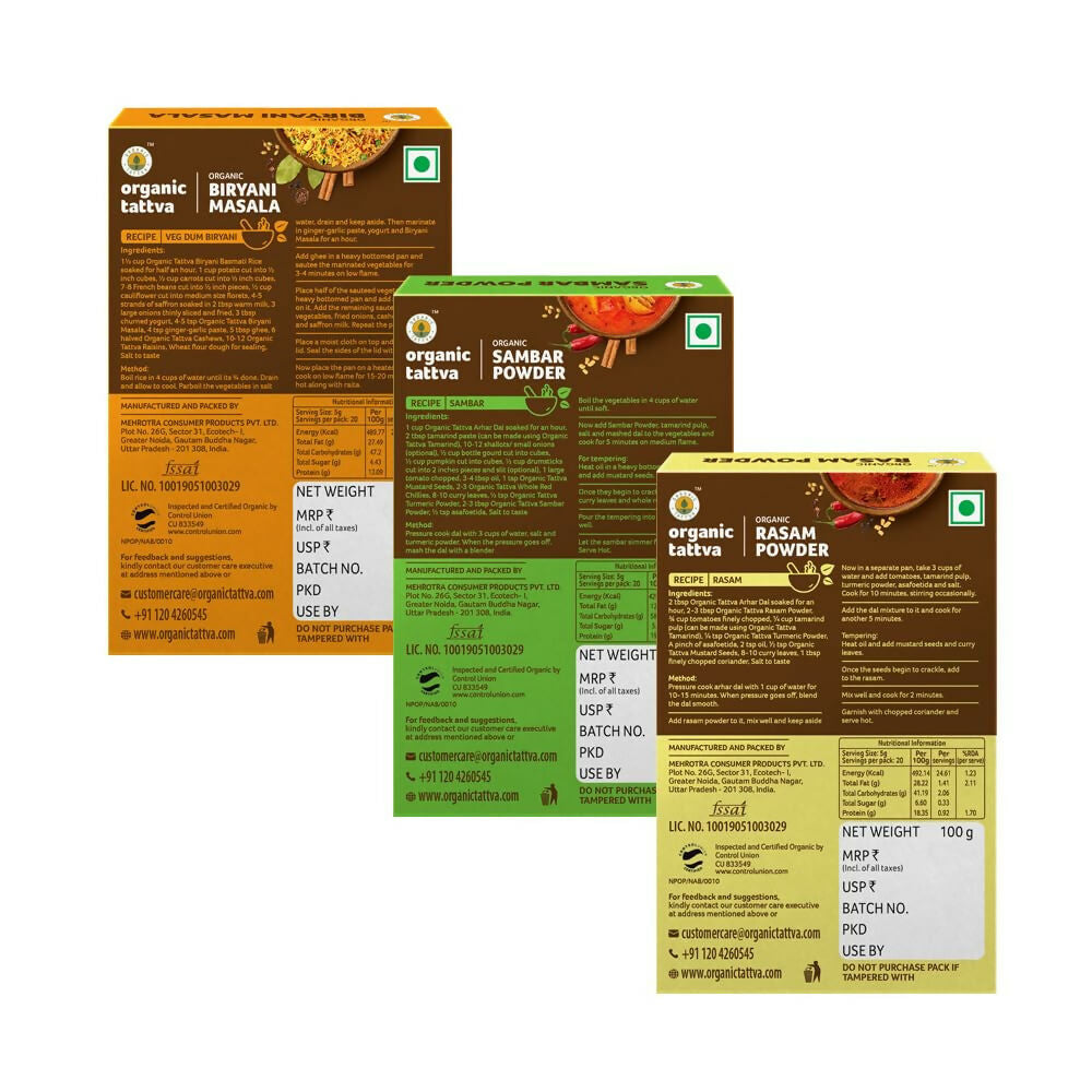 Organic Tattva South-Indian Masala Combo (100 Gm Each)- Sambar Powder, Rasam and Biryani Masala | Grocsy