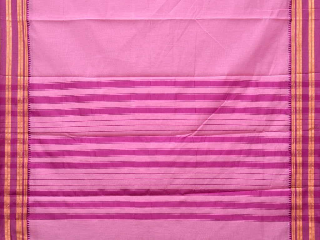Baby Pink and Pink Bamboo Cotton Plain Saree with Strips Pallu Design No Blouse - Global Threads | Grocsy