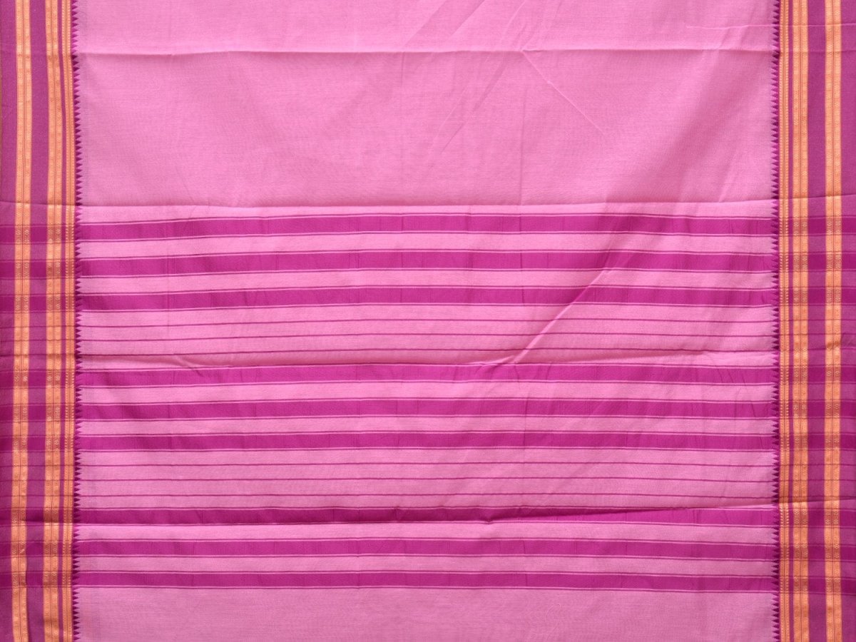 Baby Pink and Pink Bamboo Cotton Plain Saree with Strips Pallu Design No Blouse - Global Threads | Grocsy