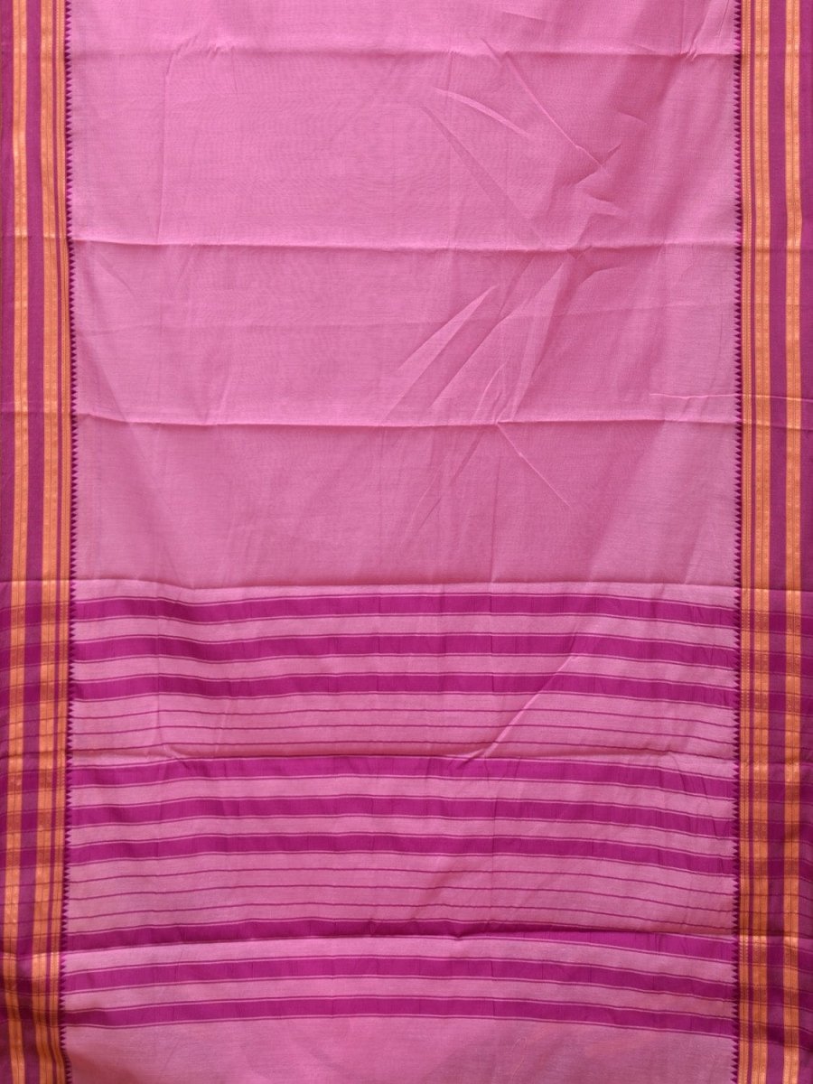 Baby Pink and Pink Bamboo Cotton Plain Saree with Strips Pallu Design No Blouse - Global Threads | Grocsy