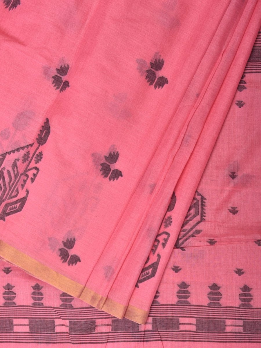 Baby Pink Khadi Cotton Handloom Saree with Buta and One Side Border Design - Global Threads | Grocsy