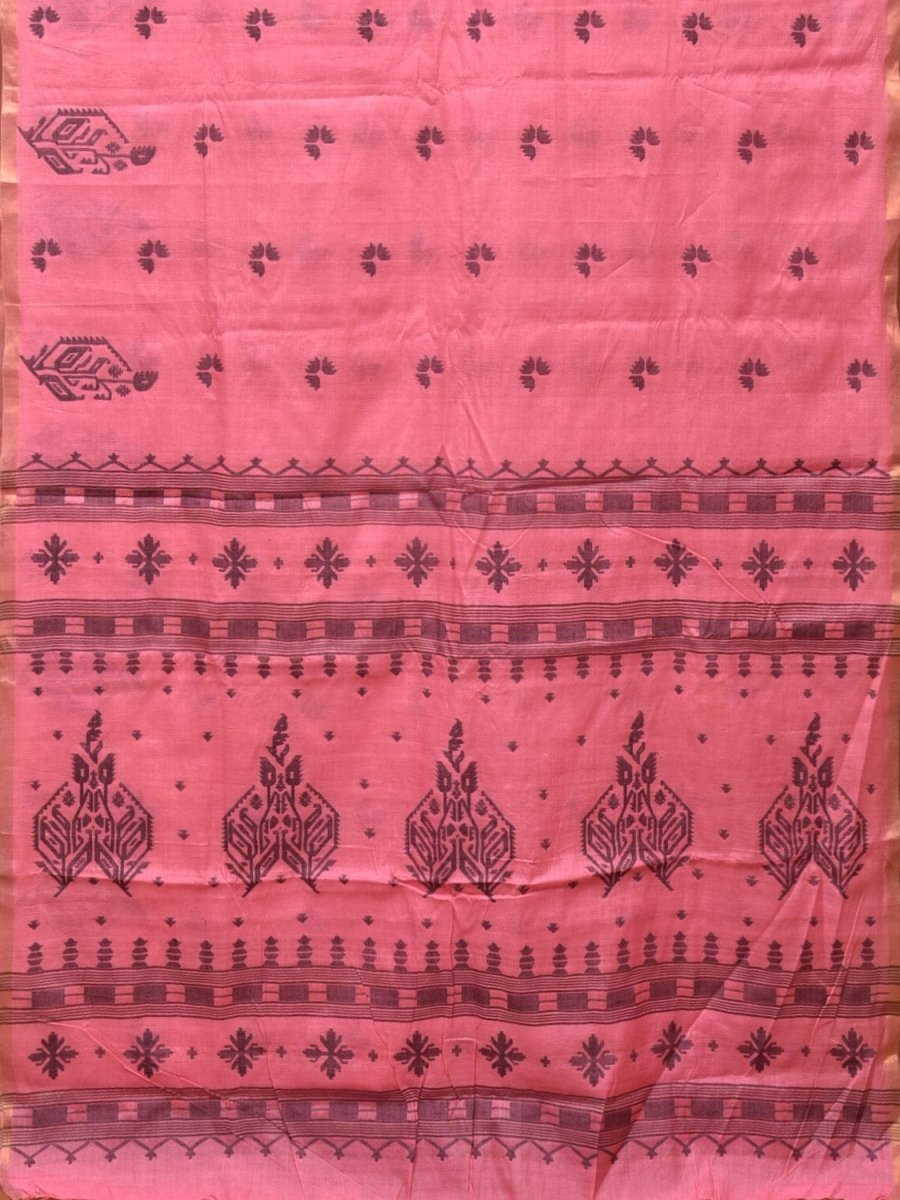 Baby Pink Khadi Cotton Handloom Saree with Buta and One Side Border Design - Global Threads | Grocsy
