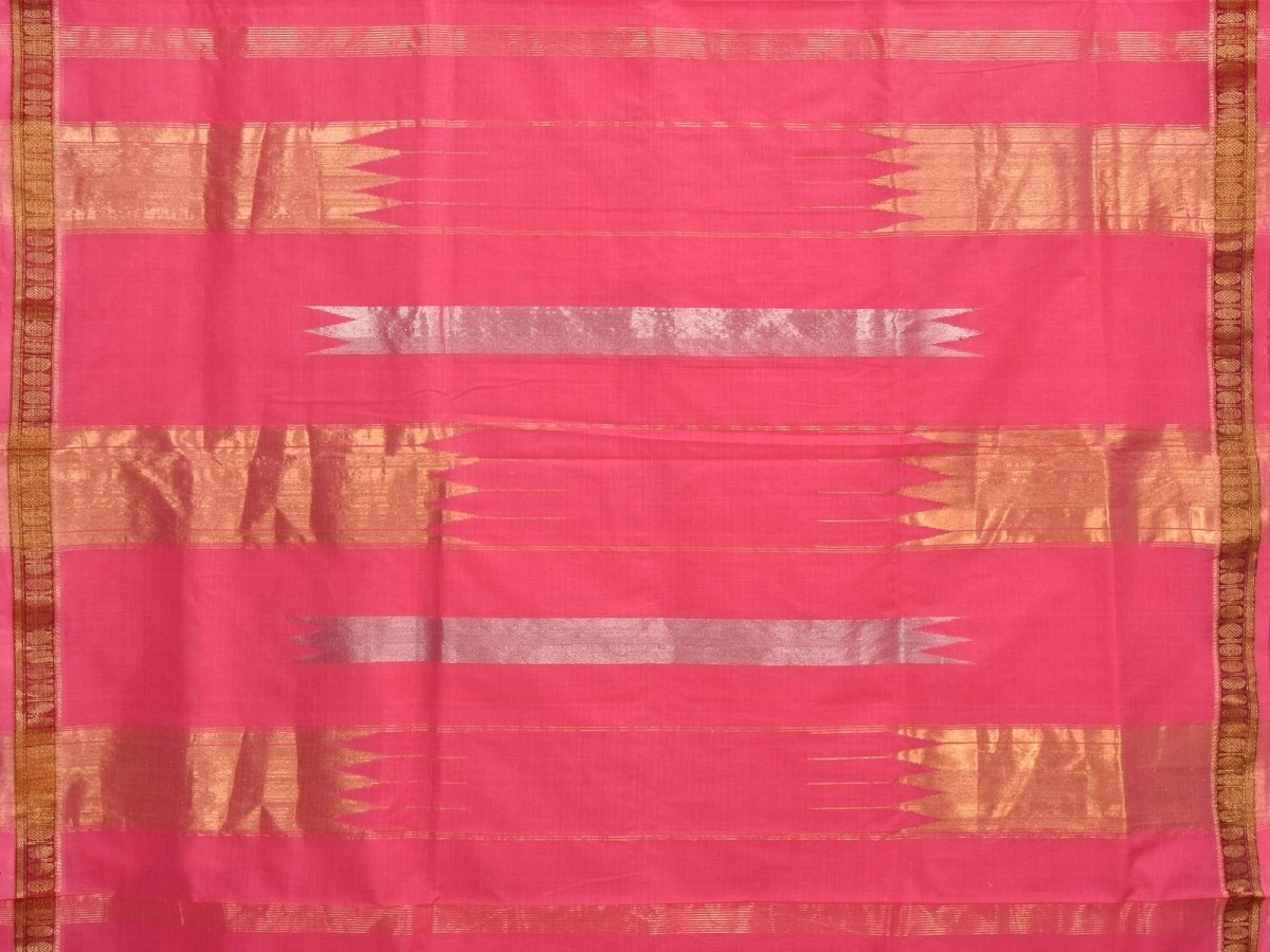 Baby Pink Khadi Cotton Handloom Saree with Doby Border and Zari Strips Pallu Design - Global Threads | Grocsy