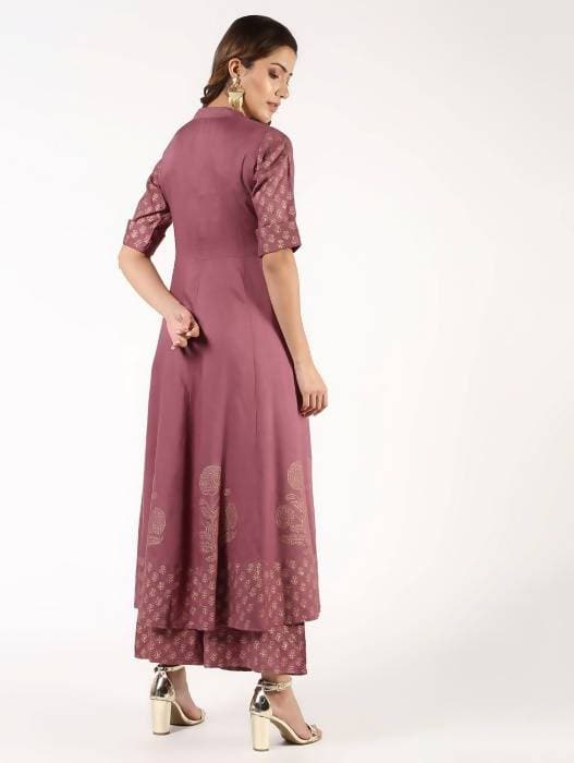 Aniyah Rayon Block Print Anarkali Flared Kurta With Palazzo Set Dusty Pink (AN-156K) | Grocsy