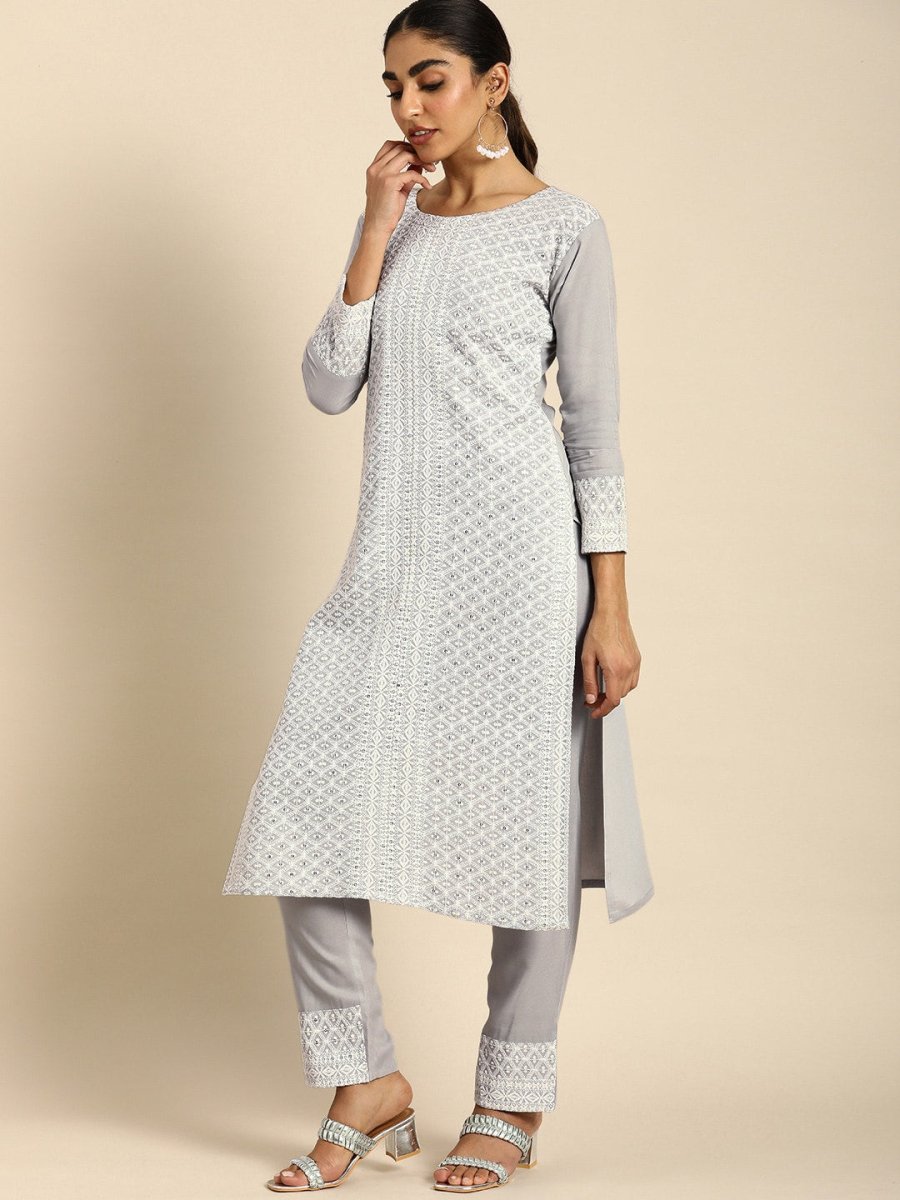 All About You Women Embroidered Chikankari Kurta With Trousers & With Dupatta | Grocsy