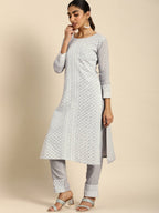 All About You Women Embroidered Chikankari Kurta With Trousers & With Dupatta | Grocsy