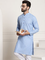 Sojanya Men Blue Dobby Self-Checked Straight Kurta | Grocsy