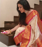 DEIANA'S Beautiful Designer Golden zari Soft Lichi Silk Saree - White | Grocsy