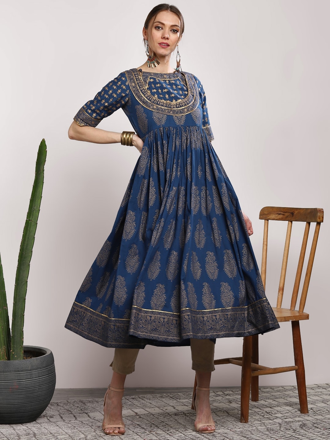 Sangria Women Navy Blue & Gold-Coloured Printed Anarkali Kurta | Grocsy