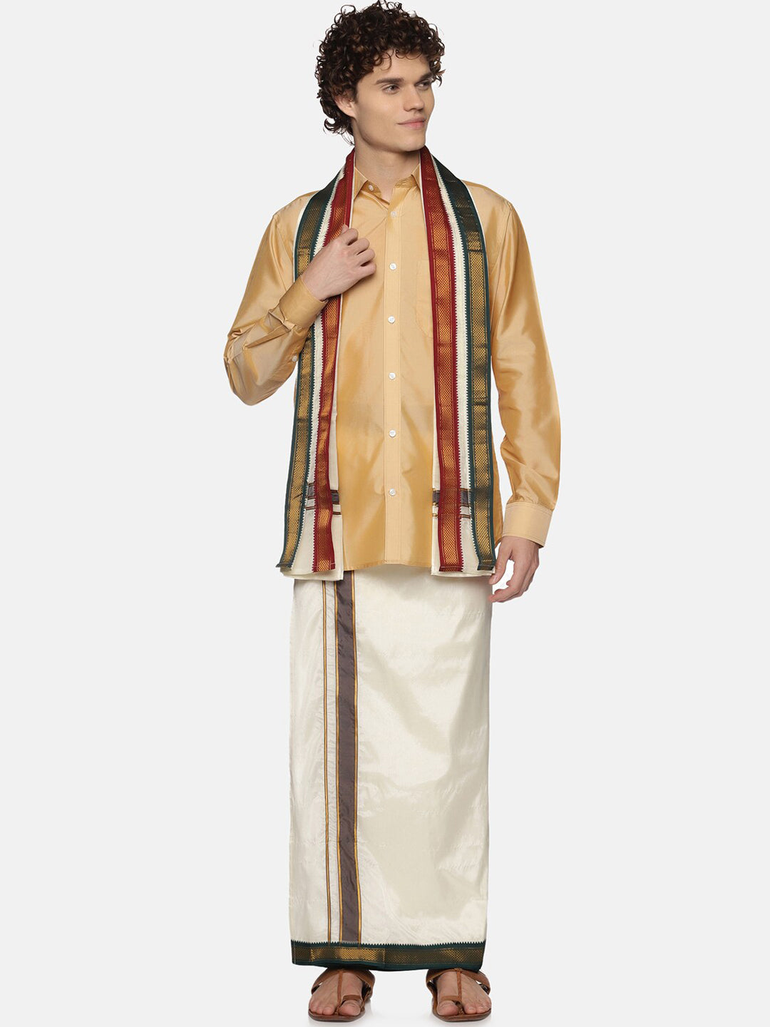 Sethukrishna Men Cream-Colored Solid Dhotis With Angavastram | Grocsy