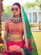 Tulsi Art Pink Embroidered Mulberry Bridal Lehenga Choli With Printed Green Dupatta | Grocsy