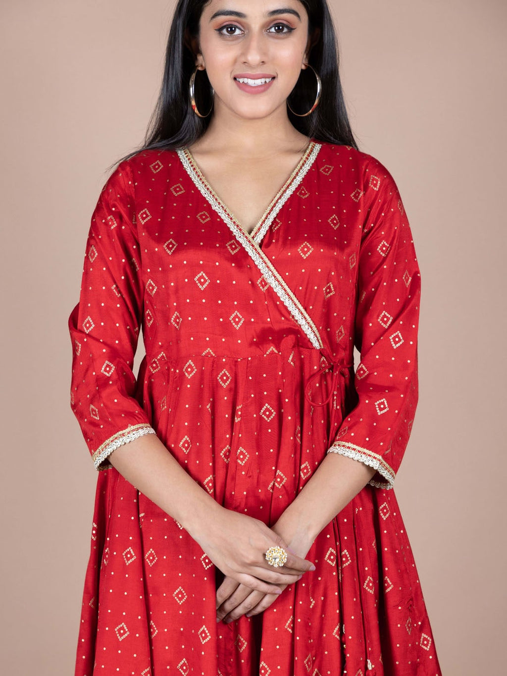 HERE&NOW Red & Beige Ethnic Motifs Printed Angrakha Gotta Patti Kurta with Trousers | Grocsy