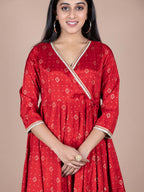 HERE&NOW Red & Beige Ethnic Motifs Printed Angrakha Gotta Patti Kurta with Trousers | Grocsy