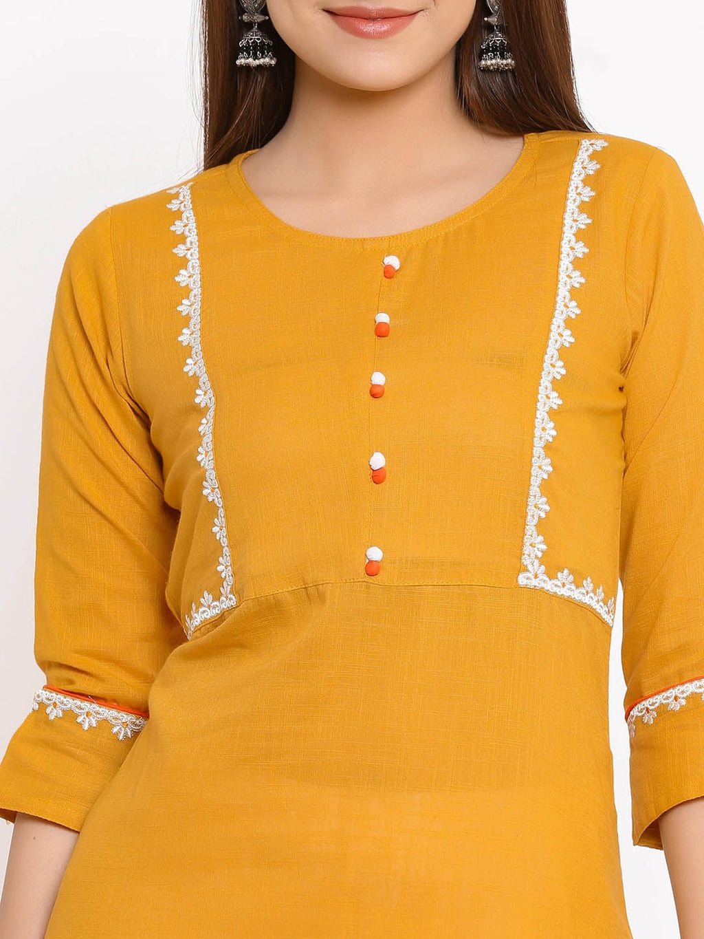 HERE&NOW Mustard Yellow & White Ethnic Motifs Embroidered Straight Kurta | Grocsy