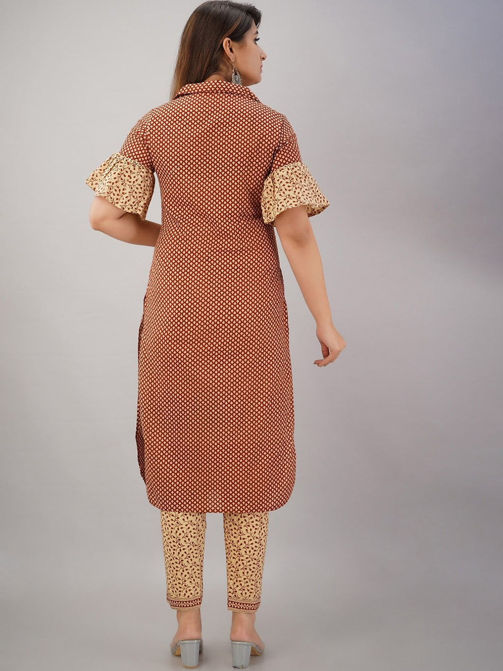 HERE&NOW Maroon & Beige Ethnic Motifs Printed Shirt Collar Kurta with Trousers | Grocsy