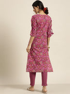 Sangria Women Purple Ethnic Motifs Printed Pure Cotton Kurta with Trousers | Grocsy