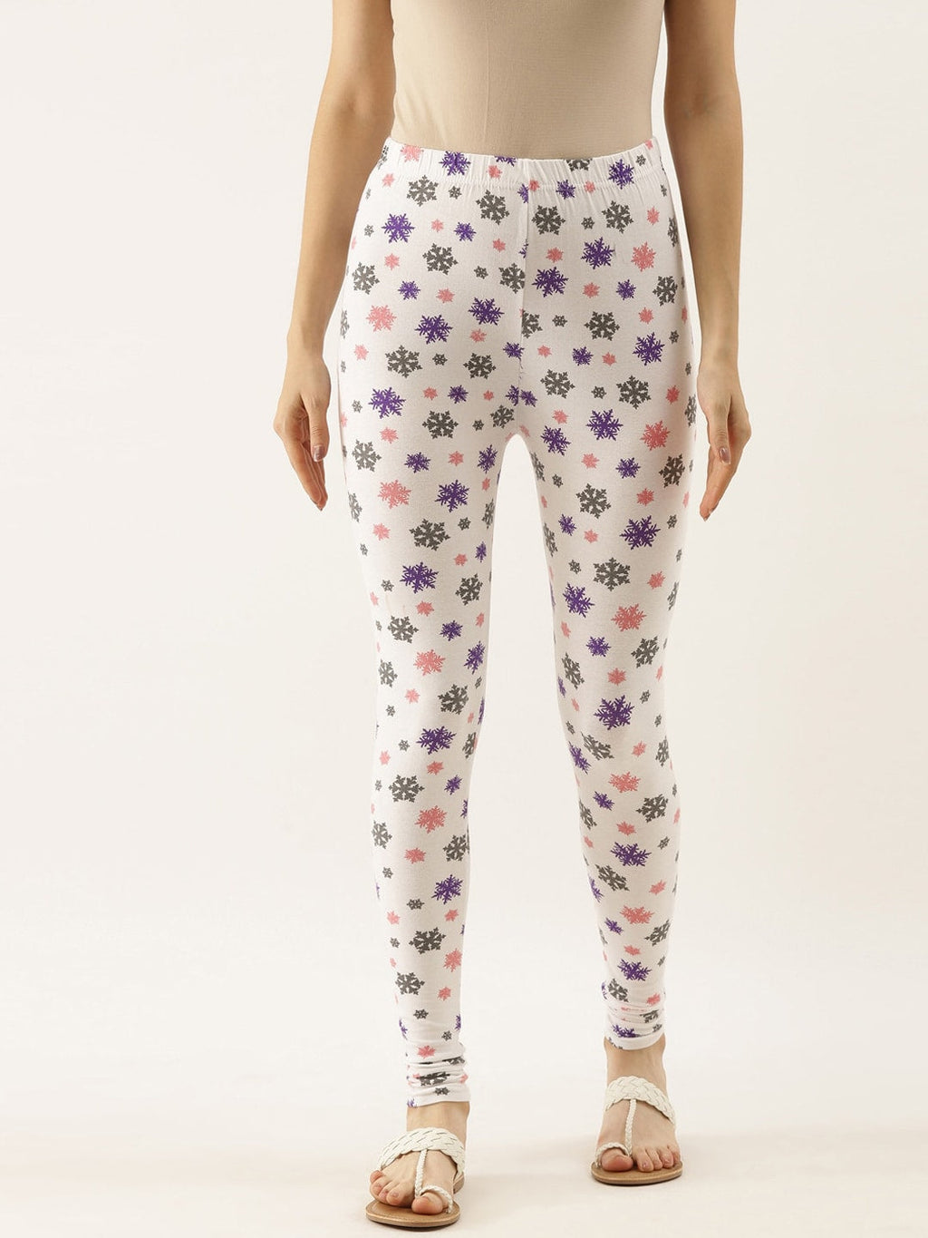 Souchii White & Grey Printed Slim-Fit Ankle-Length Leggings | Grocsy