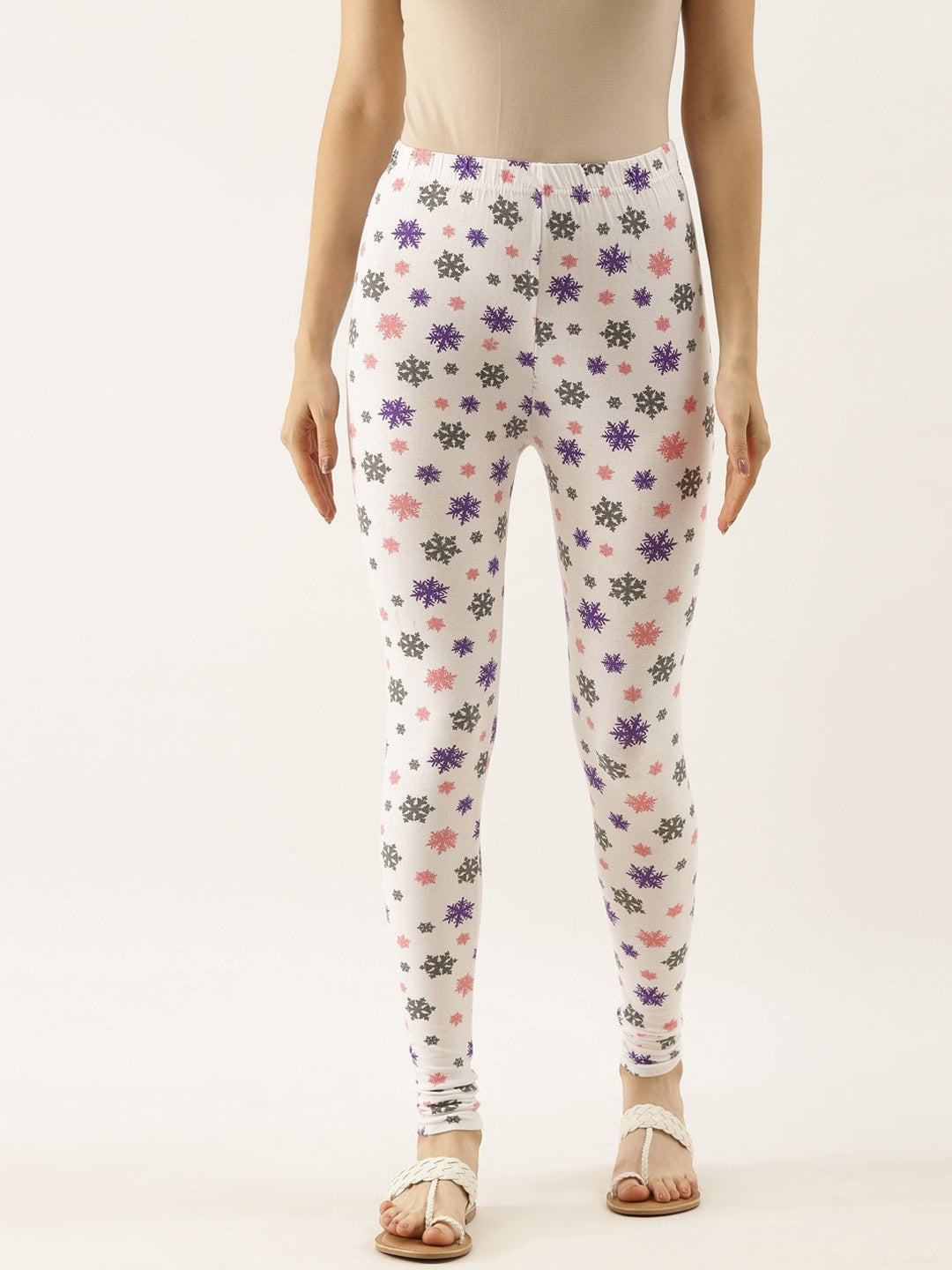 Souchii White & Grey Printed Slim-Fit Ankle-Length Leggings | Grocsy