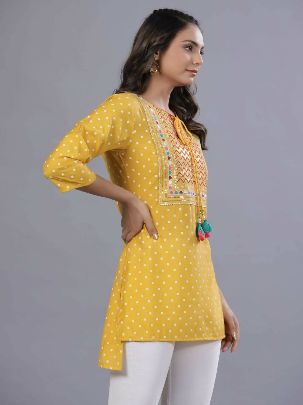 Juniper Women Yellow Muslin Printed High-Low Straight Tunic With Embroidered Yoke | Grocsy