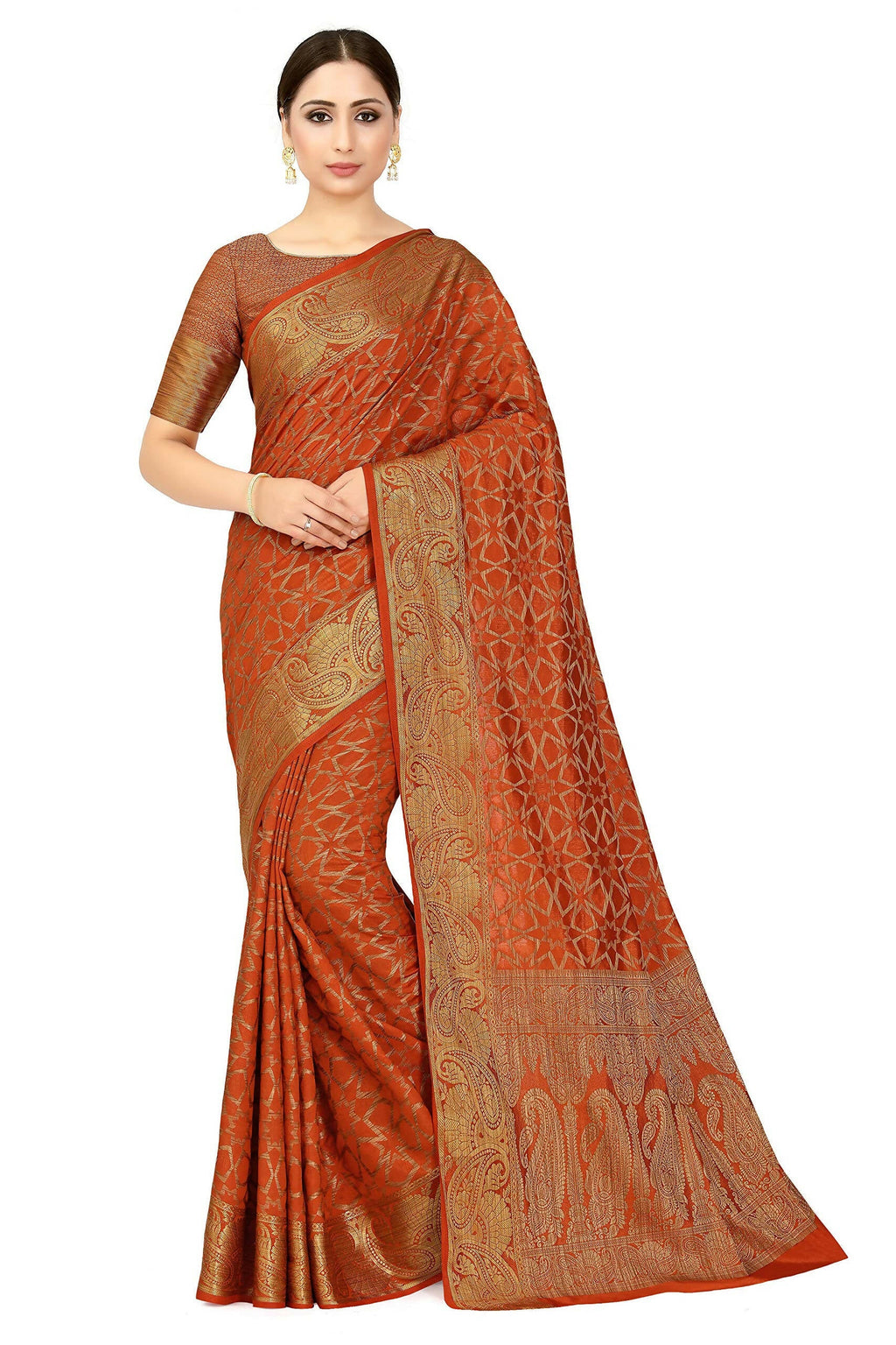 Mimosa Women's Rust Orange Patola Art Silk Saree | Grocsy
