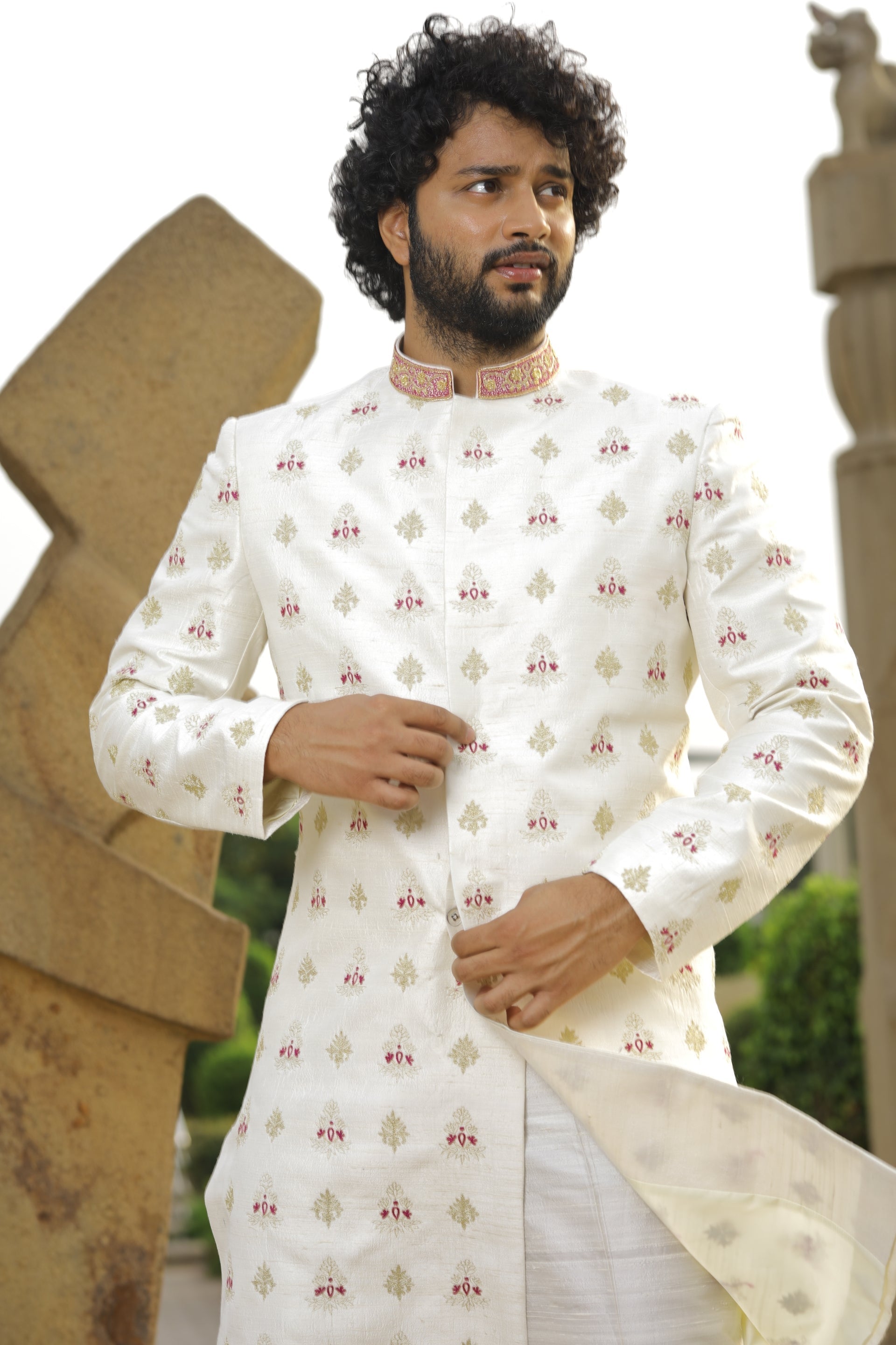 Irenic White Designer Sherwani by Hilo Design | Grocsy