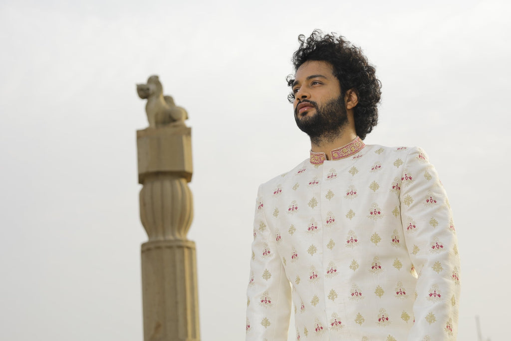 Irenic White Designer Sherwani by Hilo Design | Grocsy