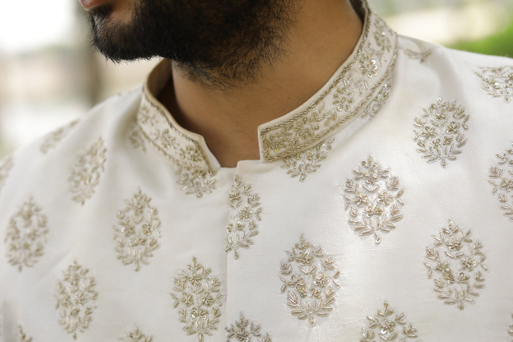 Iysian-Silver Designer Sherwani by Hilo Design | Grocsy