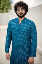 Teal Blue Mirror Designer Men's Kurta from movie DJ Tillu by Hilo Design | Grocsy