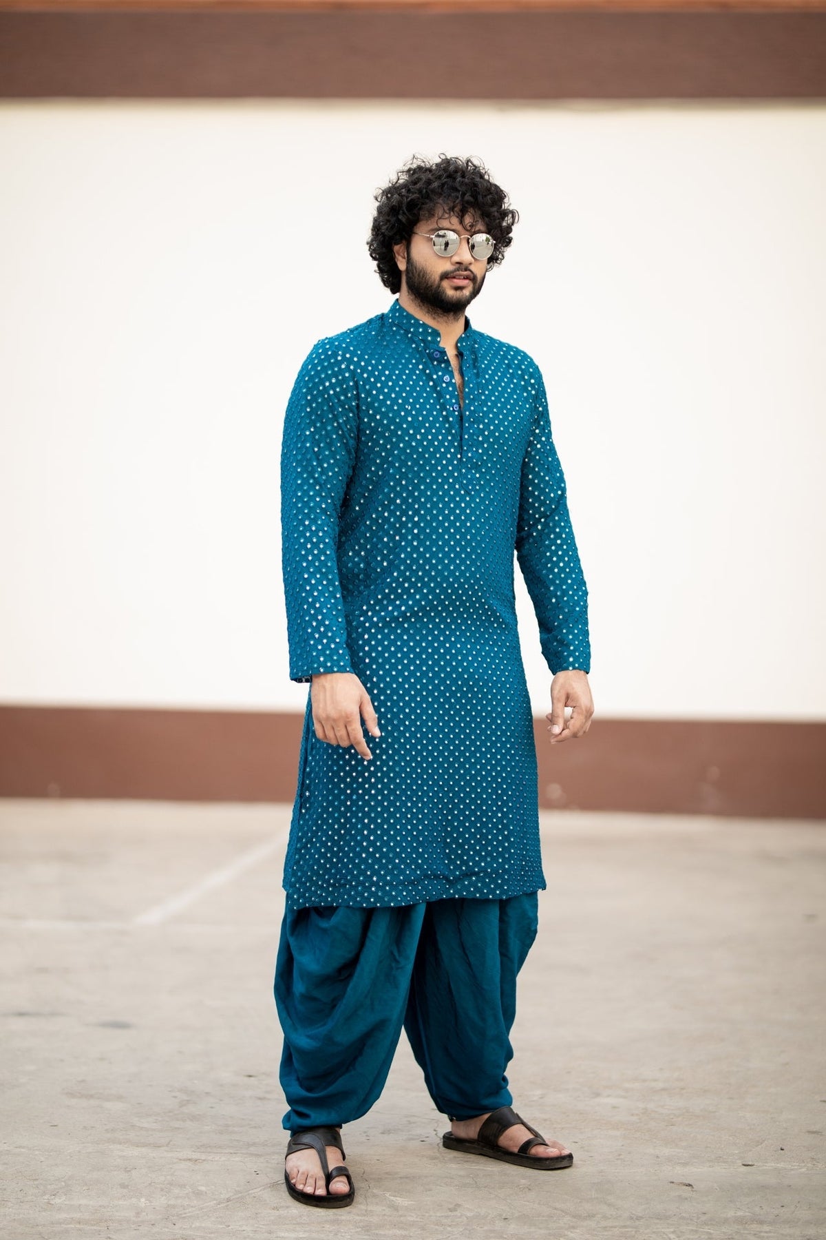 Teal Blue Mirror Designer Men's Kurta from movie DJ Tillu by Hilo Design | Grocsy
