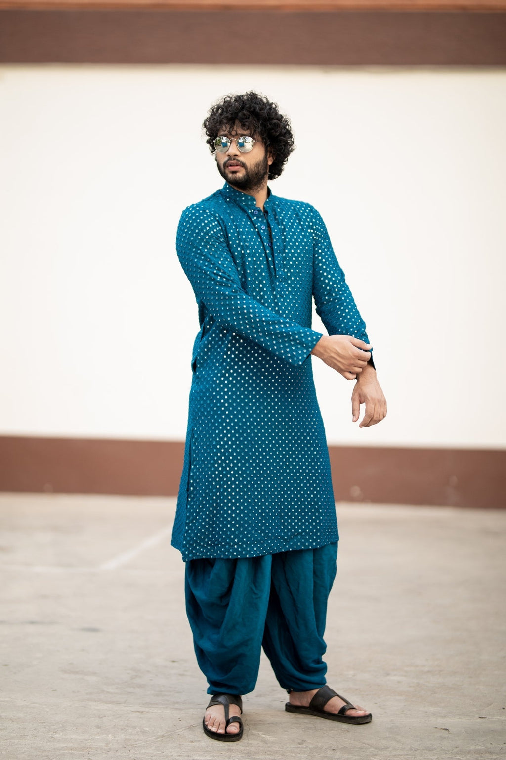 Teal Blue Mirror Designer Men's Kurta from movie DJ Tillu by Hilo Design | Grocsy