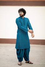 Teal Blue Mirror Designer Men's Kurta from movie DJ Tillu by Hilo Design | Grocsy