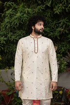 Classic Hand Embroidery Designer Pattu Kurta and Dhoti Set by Hilo Design | Grocsy