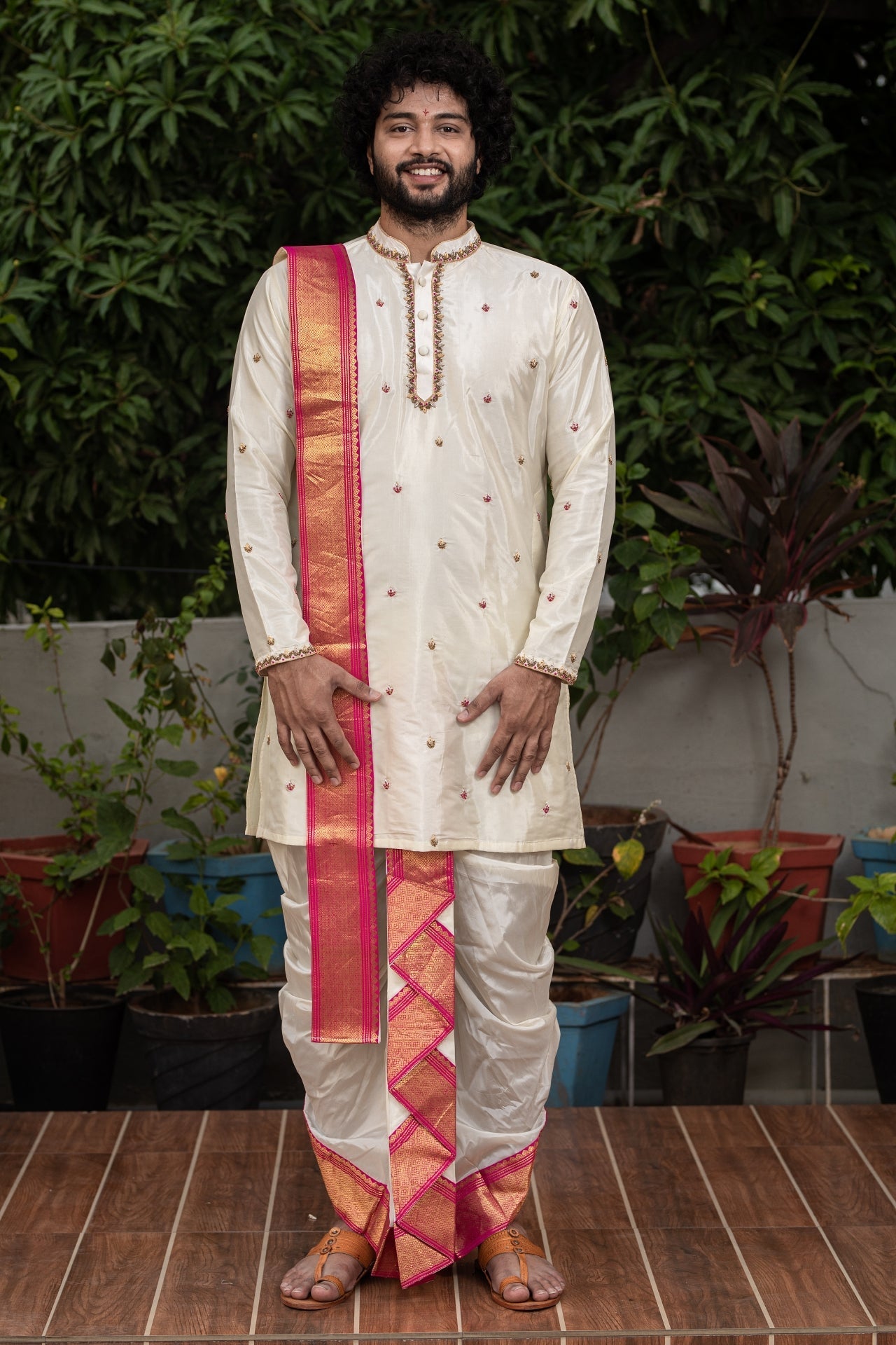 Classic Hand Embroidery Designer Pattu Kurta and Dhoti Set by Hilo Design | Grocsy