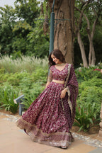 Lorenvalley Wine Pure Viscose Jacquard with Golden Embroidered Sequins work Lehenga Choli | Grocsy
