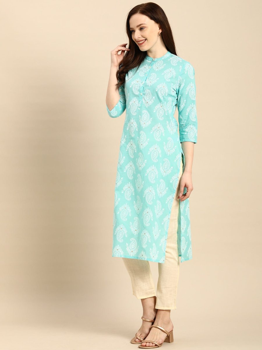 All About You Women Turquoise Blue & White Printed Pure Cotton Straight Kurta | Grocsy