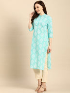 All About You Women Turquoise Blue & White Printed Pure Cotton Straight Kurta | Grocsy