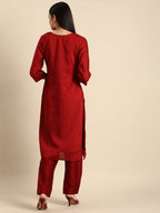 All About You Women Red & Golden Ethnic Motifs Embroidered Kurta Set | Grocsy