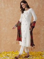 Sangria White Ethnic Motifs Embroidered Thread Work Straight Kurta & Trouser With Dupatta | Grocsy