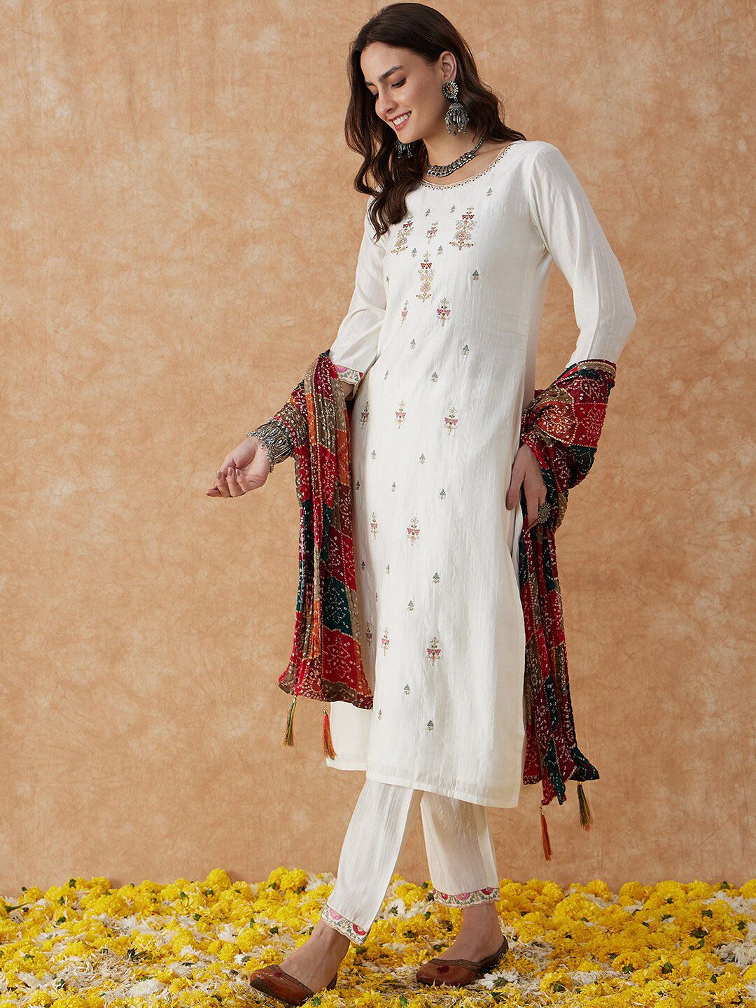 Sangria White Ethnic Motifs Embroidered Thread Work Straight Kurta & Trouser With Dupatta | Grocsy