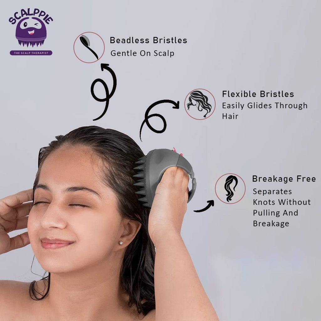 Scalppie Silicon Hair Scalp Massager & Shampoo Brush Scrub For Hair Growth & Anti Dandruff - Grey | Grocsy