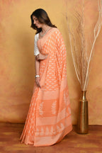 Very Much Indian Handblock Printed Cotton Saree With Natural Dyes - Light Peach | Grocsy